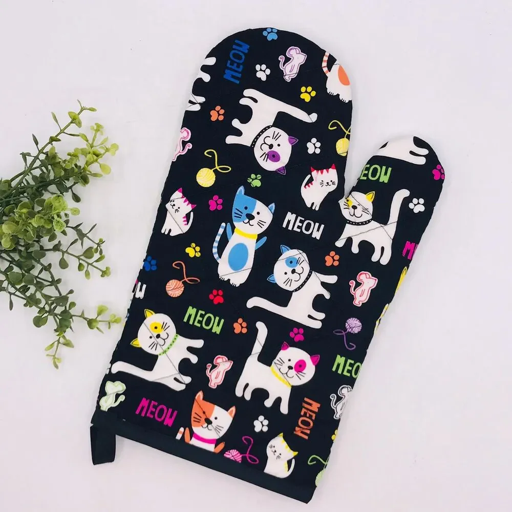 Oven Mitt: Colorful Cats Meow on Black Baking Mitt Gift Cottage